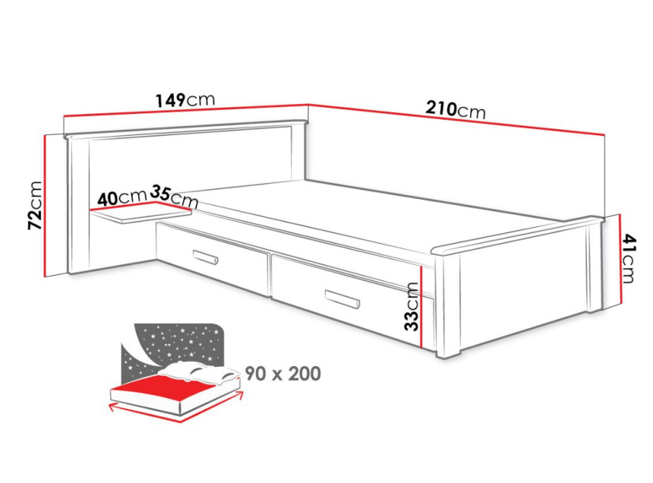 Dětská postel z masivu borovice ALDA PLUS se šuplíky - 200x90 cm - bílá/dub sonoma