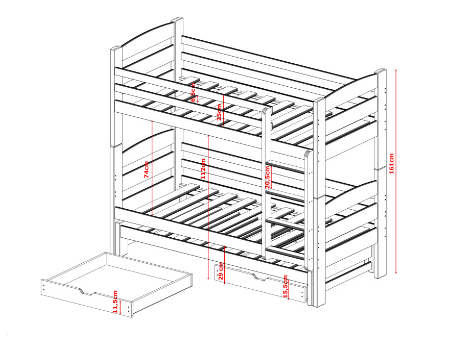 Dětská patrová postel z masivu borovice s přistýlkou a šuplíky CYRIL - 200x90 cm - BÍLÁ