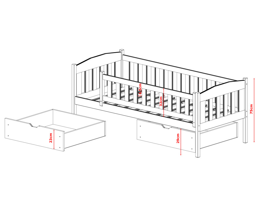 Dětská postel z masivu borovice se šuplíky GANDALF - 200x90 cm - BÍLÁ