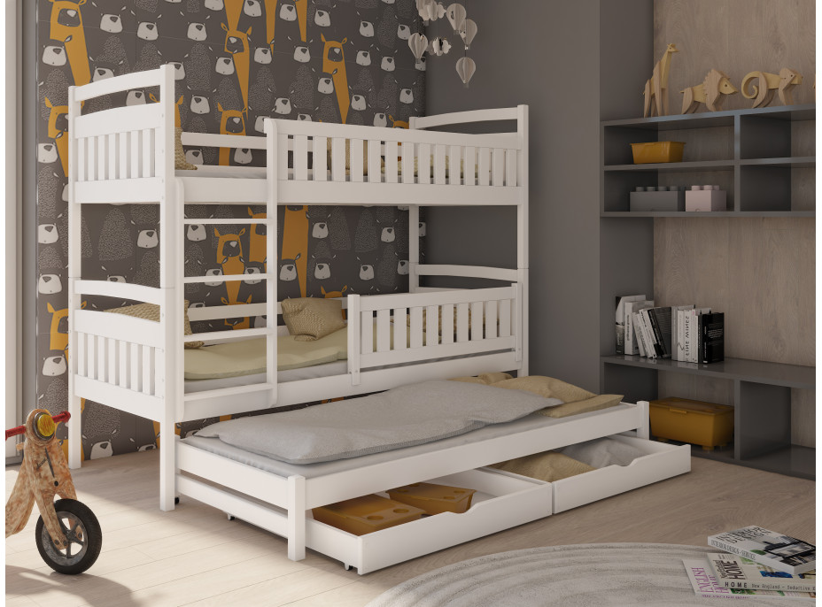 Dětská patrová postel z masivu BOHDANA s přistýlkou a šuplíky - 200x90 cm - BÍLÁ