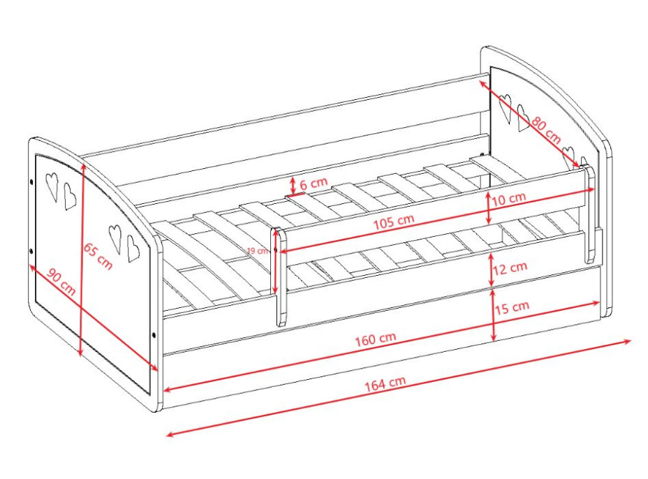 Dětská srdíčková postel JULIE se šuplíkem - bílá 160x80 cm