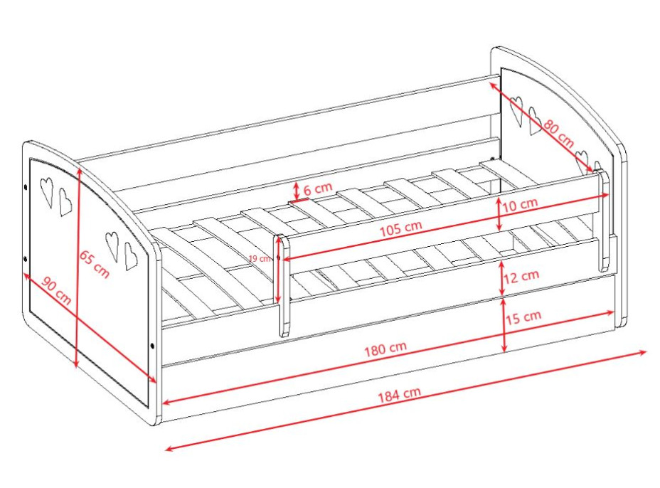 Dětská srdíčková postel JULIE se šuplíkem - růžová 180x80 cm