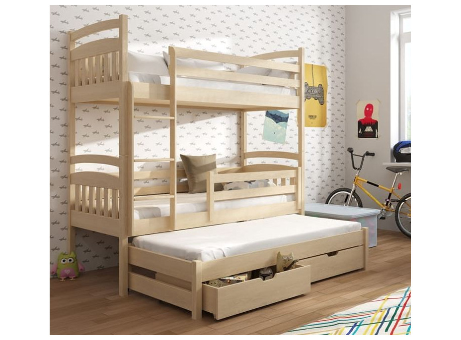 Dětská patrová postel z masivu borovice s přistýlkou a šuplíky ALDA - 200x90 cm - bílá