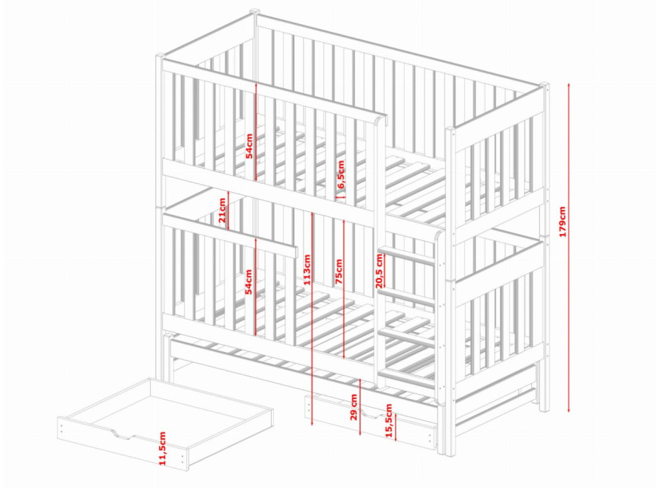 Dětská patrová postel z masivu borovice s přistýlkou a šuplíky EMIL - 200x90 cm - bílá