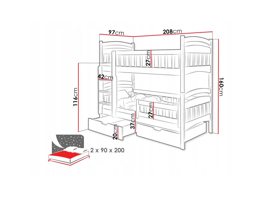 Dětská patrová postel z masivu DOMINIK II se šuplíky - 200x90 cm - přírodní borovice