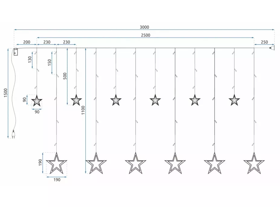 Vánoční svítící řetěz - hvězdy - 138 LED RGB - 250x110 cm s dálkovým ovládáním