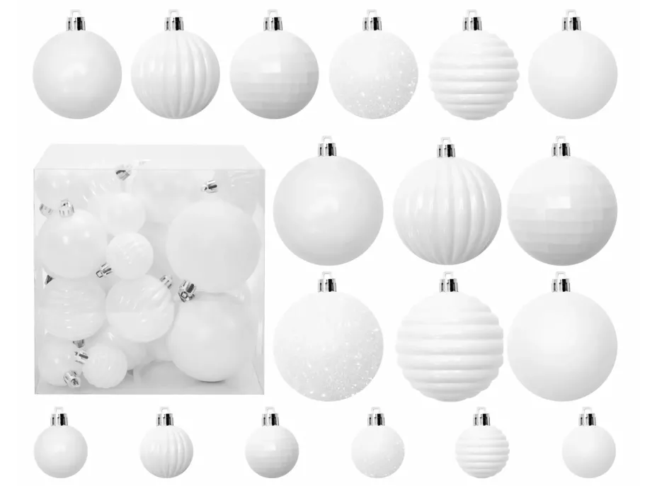 Vánoční závěsné baňky na stromeček - 3 velikosti - 6 druhů - 36 ks - bílé