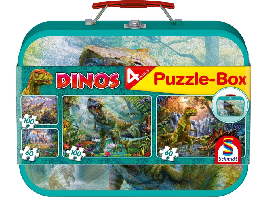 SCHMIDT Puzzle Dinosauři 4v1 v plechovém kufříku (60,60,100,100 dílků)