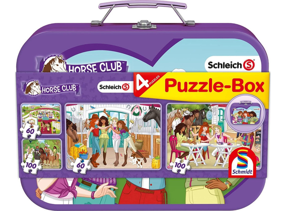 SCHMIDT Puzzle Schleich: Horse Club 4v1 v plechovém kufříku (60,60,100,100 dílků)