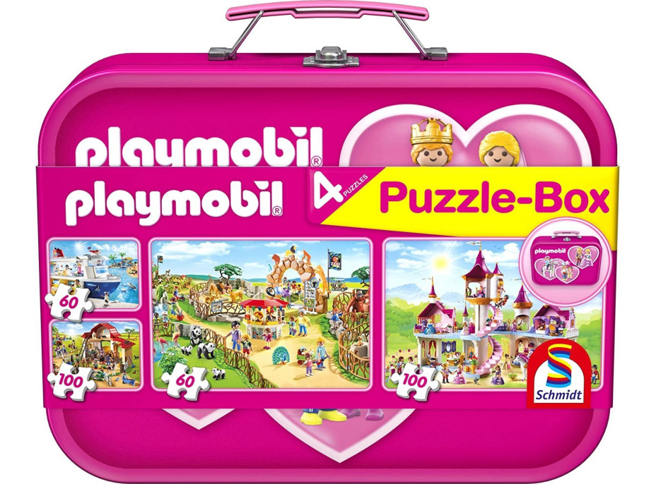 SCHMIDT Puzzle Playmobil 4v1 v plechovém kufříku (60,60,100,100 dílků)