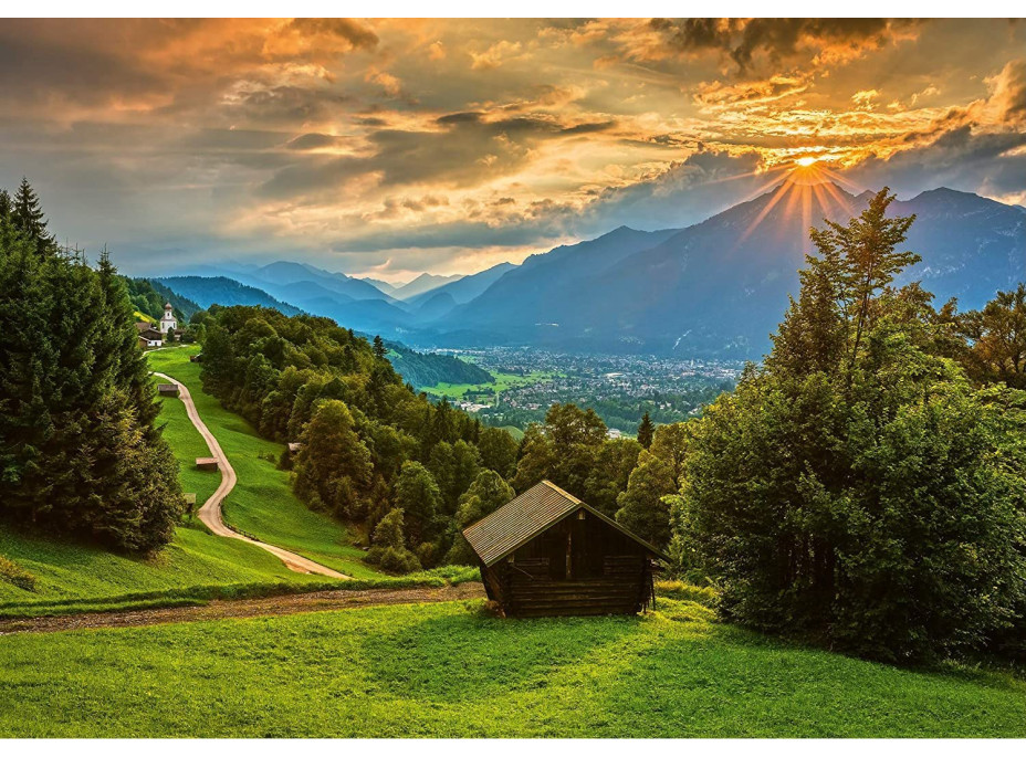 SCHMIDT Puzzle Západ slunce nad horskou vesnicí Wamberg 1500 dílků