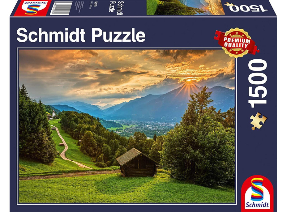 SCHMIDT Puzzle Západ slunce nad horskou vesnicí Wamberg 1500 dílků