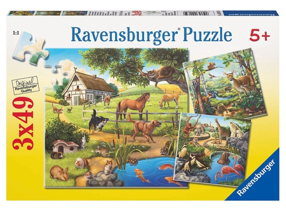 RAVENSBURGER Puzzle Zvířata v lese, ZOO a na statku 3x49 dílků