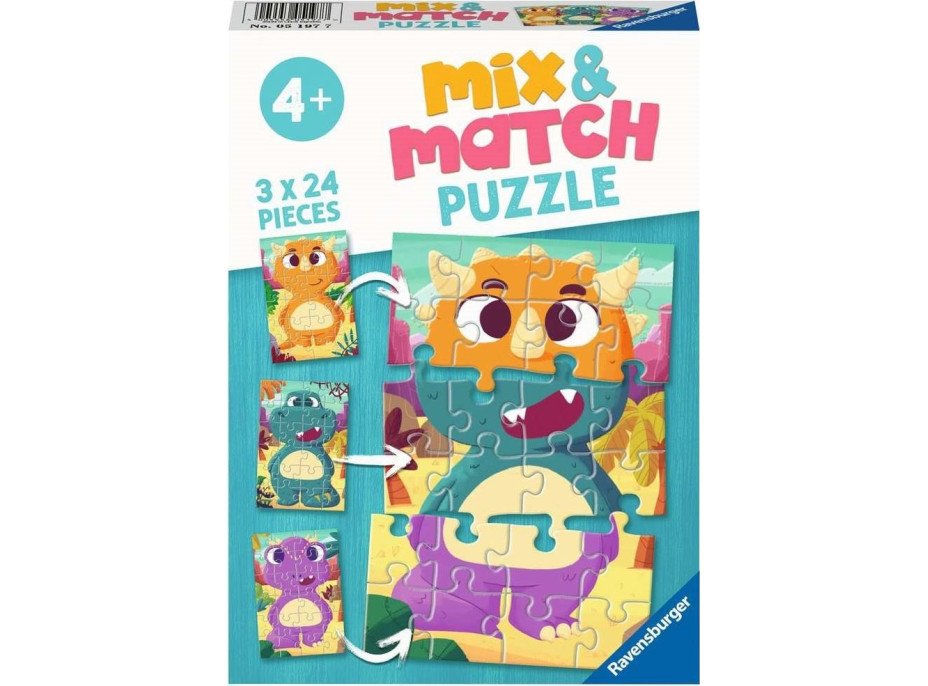 RAVENSBURGER Puzzle Mix&Match: Roztomilí dinosauři 3x24 dílků