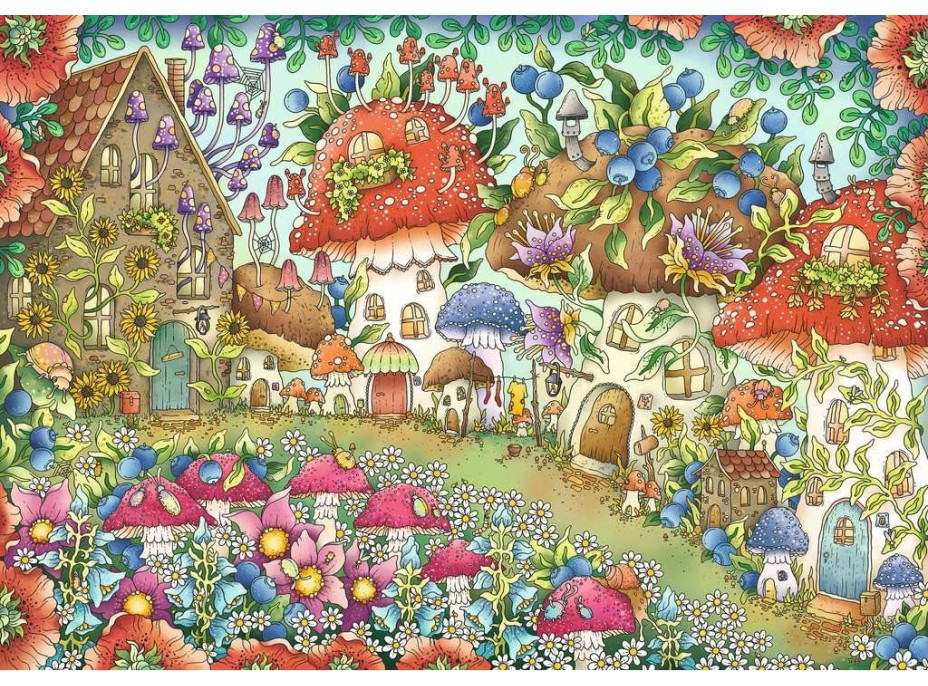 RAVENSBURGER Puzzle Roztomilé houbové domečky na květinové louce 1000 dílků