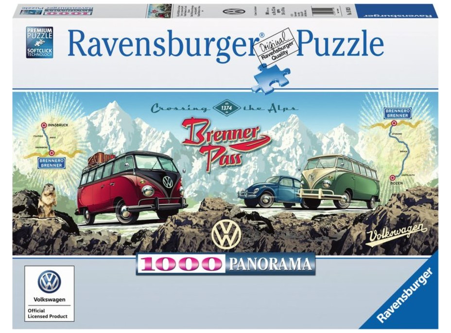 RAVENSBURGER Panoramatické puzzle Přes Alpy s VW 1000 dílků