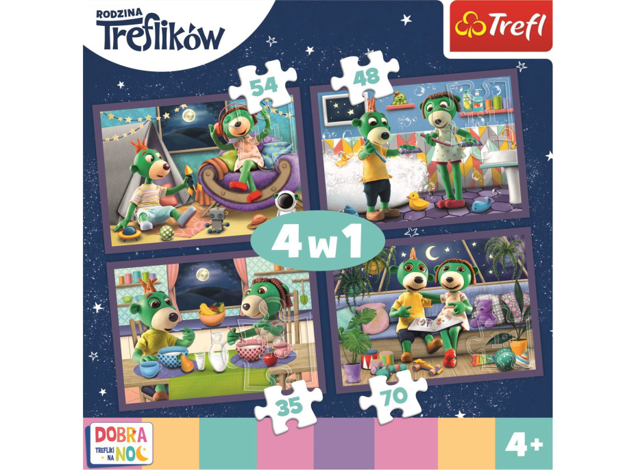 Puzzle Dobrou noc, Treflíci: Večerní rituály 4v1 (35,48,54,70 dílků)