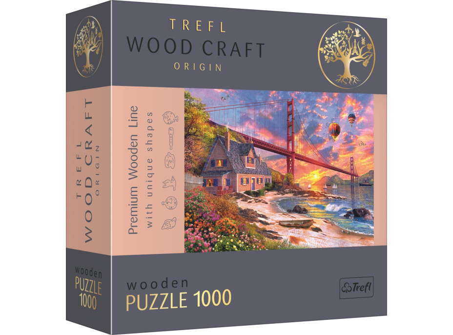 TREFL Wood Craft Origin puzzle Západ slunce nad Golden Gate 1000 dílků