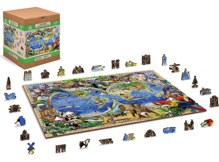 WOODEN CITY Dřevěné puzzle Mapa Říše zvířat 2v1, 1010 dílků EKO