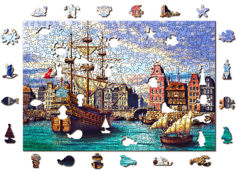 WOODEN CITY Dřevěné puzzle Staré lodě v přístavu 2v1, 505 dílků EKO