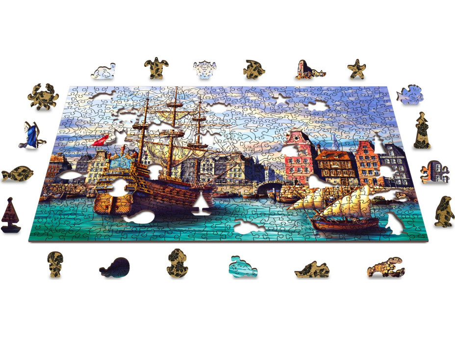 WOODEN CITY Dřevěné puzzle Staré lodě v přístavu 2v1, 505 dílků EKO