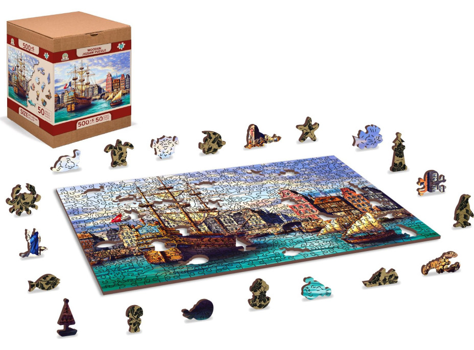 WOODEN CITY Dřevěné puzzle Staré lodě v přístavu 2v1, 505 dílků EKO