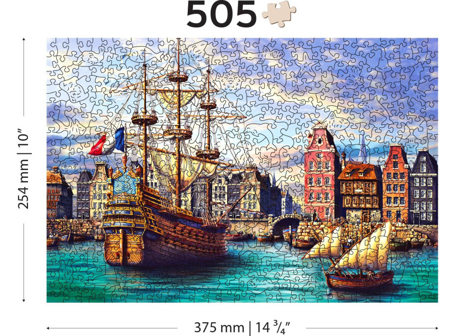 WOODEN CITY Dřevěné puzzle Staré lodě v přístavu 2v1, 505 dílků EKO