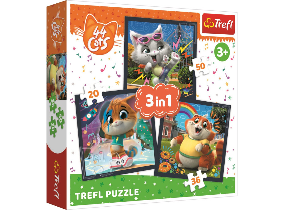 TREFL Puzzle 44 koček: Seznamte se s kočkami 3v1 (20,36,50 dílků)