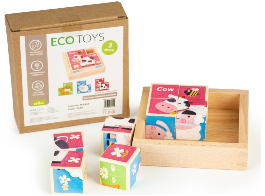 ECOTOYS Dřevěné kostky Zvířátka, 8 kostek