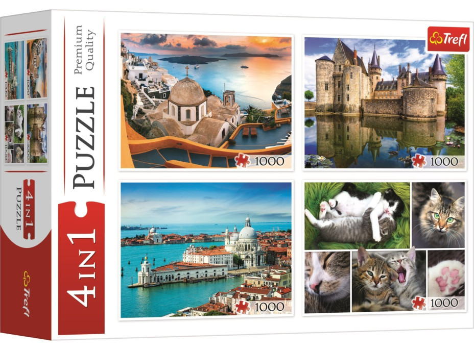 TREFL Puzzle Santorini, Benátky, Zámek Sully-sur-Loire a Kočky 4x1000 dílků