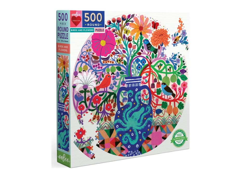 EEBOO Kulaté puzzle Ptáčci s květinami 500 dílků