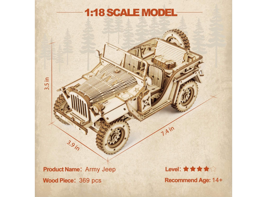 ROBOTIME Rokr 3D dřevěné puzzle Vojenský džíp 369 dílků