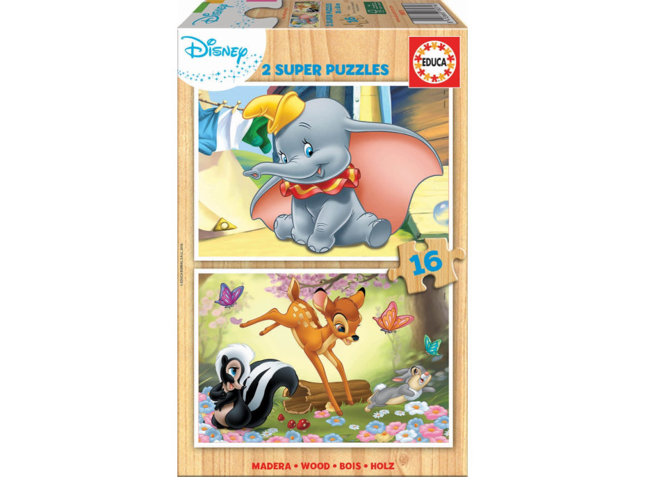 EDUCA Dřevěné puzzle Dumbo a Bambi 2x16 dílků