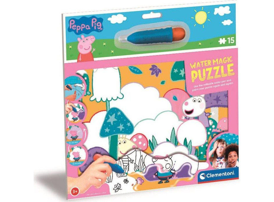 CLEMENTONI Puzzle s malováním vodou Water Magic: Prasátko Peppa 15 dílků