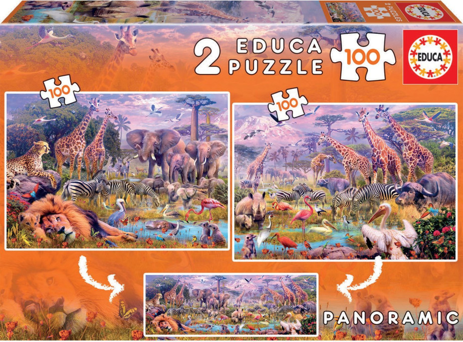 EDUCA Puzzle Panorama Divoká zvířata 2x100 dílků