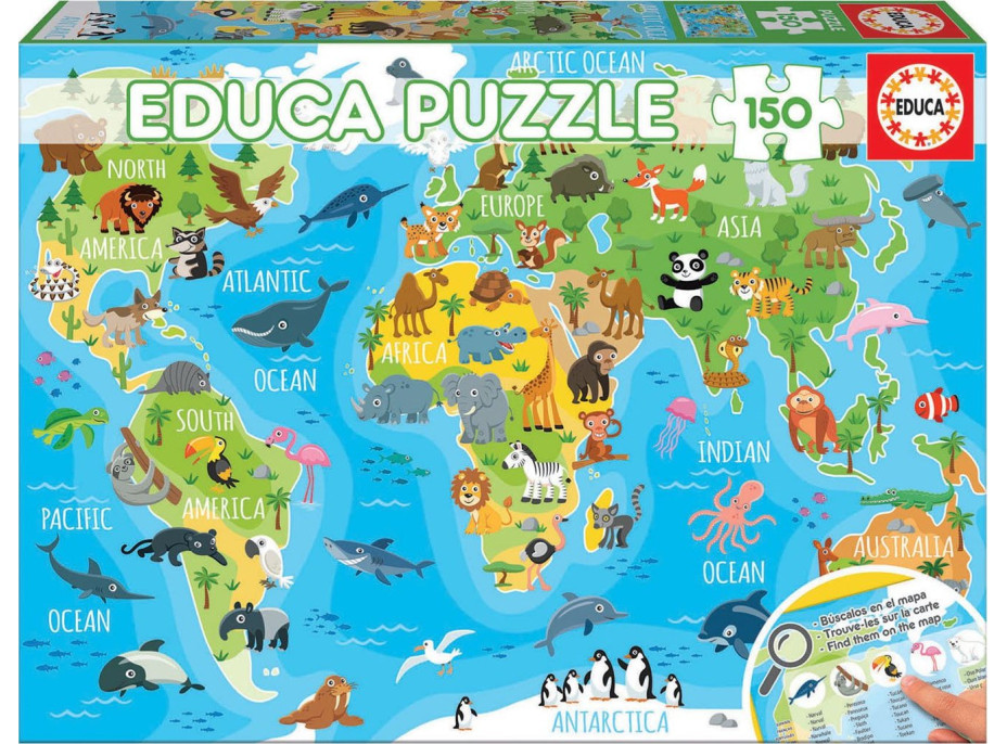 EDUCA Puzzle Mapa se zvířaty světa 150 dílků
