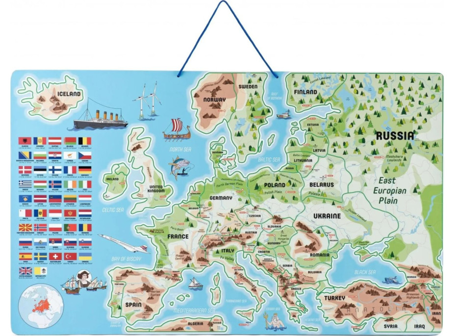 WOODY Magnetická mapa Evropy s obrázky a společenská hra, 3v1 v angličtině