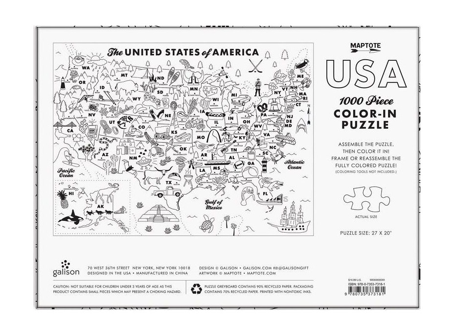 GALISON Vybarvovací puzzle Maptote: USA 1000 dílků