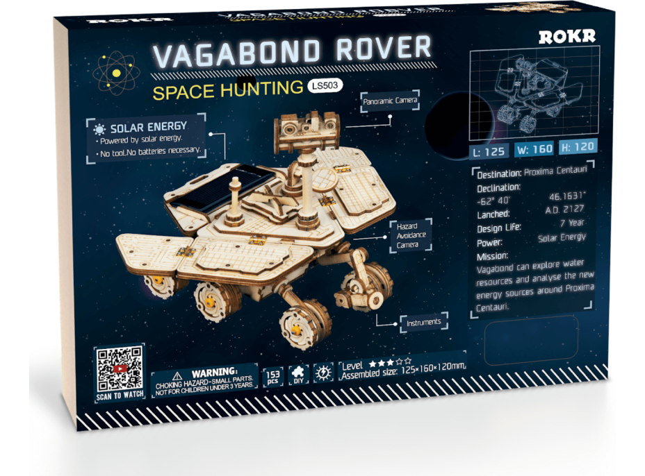 ROBOTIME Rokr 3D dřevěné puzzle Planetární vozítko Vagabond Rover na solární pohon 153 dílků